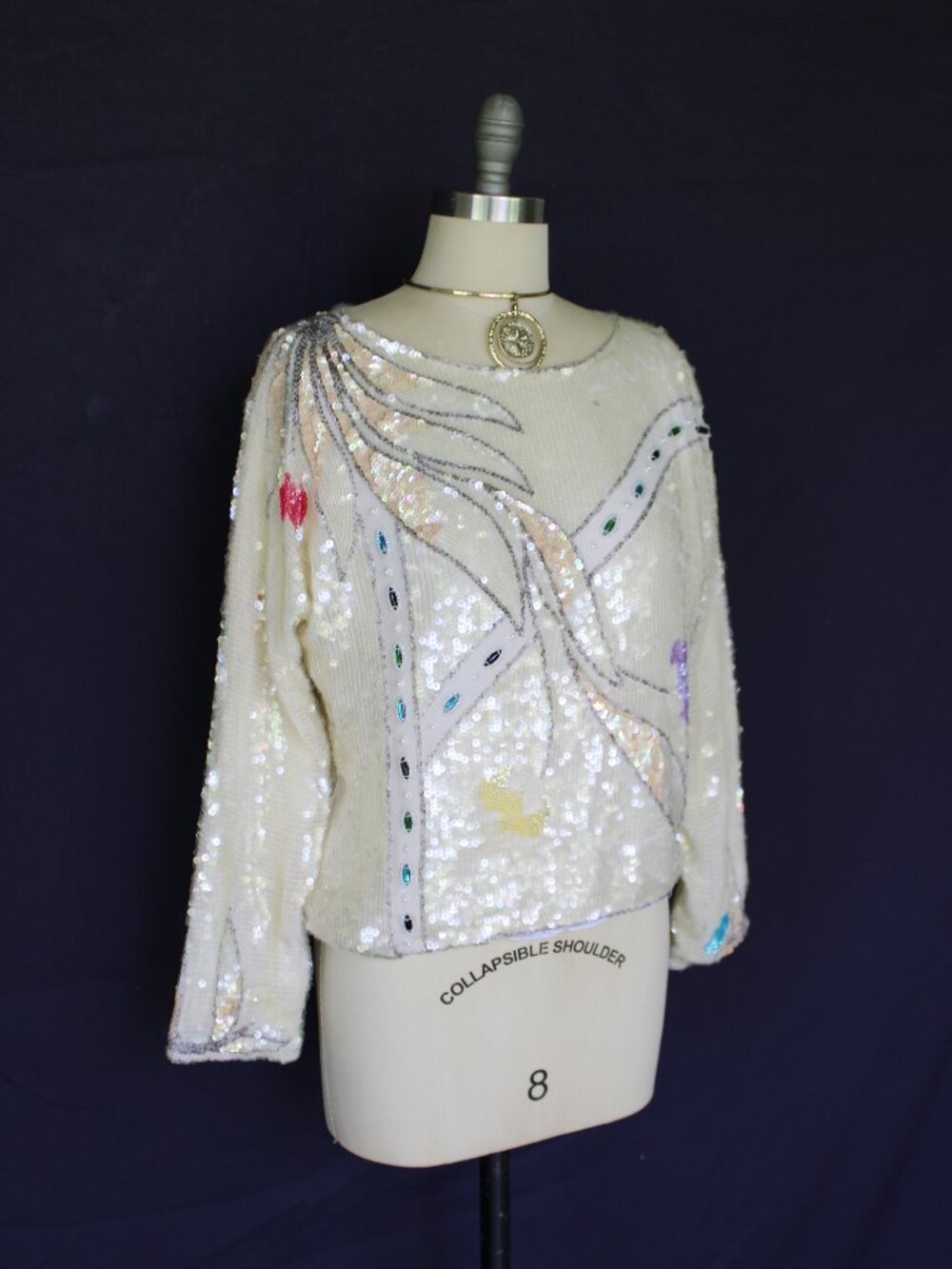 Oleg Cassini vintage 80s sequin beaded opalescent silver silk dress top tunic M - Picture 6 of 11